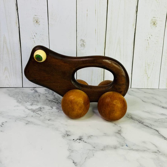 Vintage Wooden Frog Rolling Push Toy Montessori Nursery - Picture 2 of 9